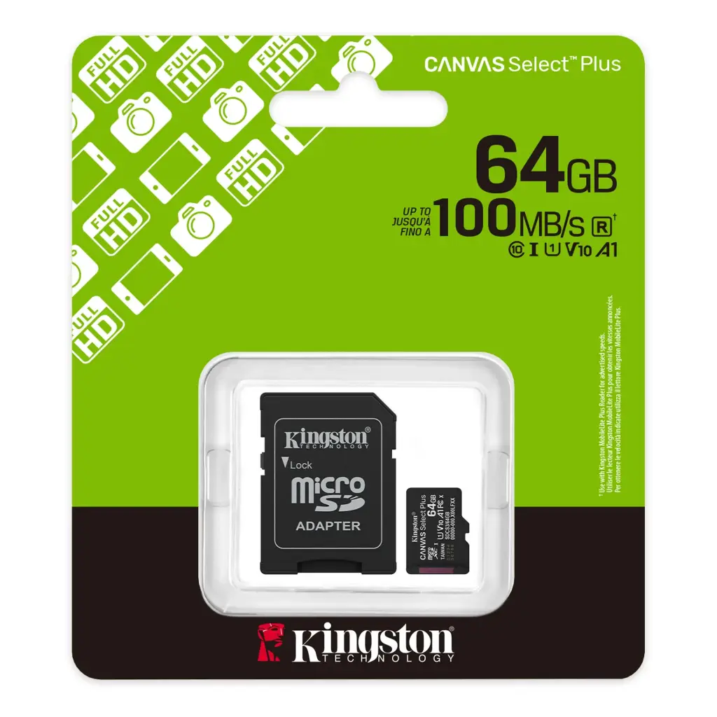 MicroSD Kingston 64GB Canvas Select Plus 100MB/s V10 C/Adaptador