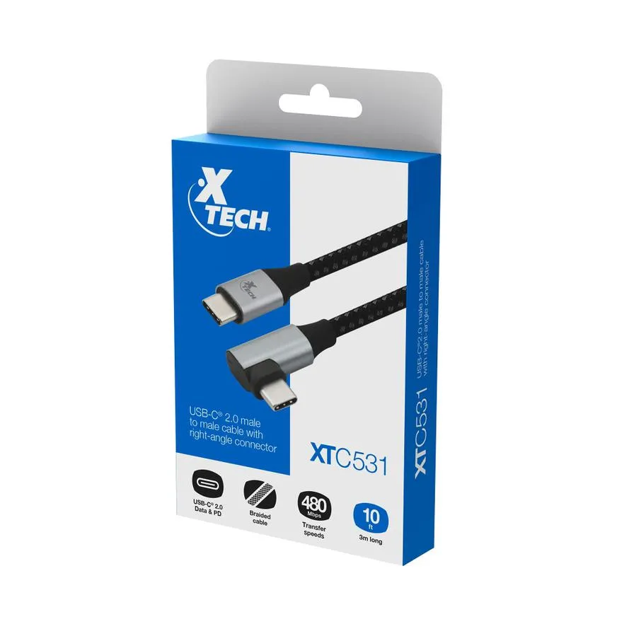 Cable USB-C 2.0 Macho A Macho en L 3mts Xtech XTC-531